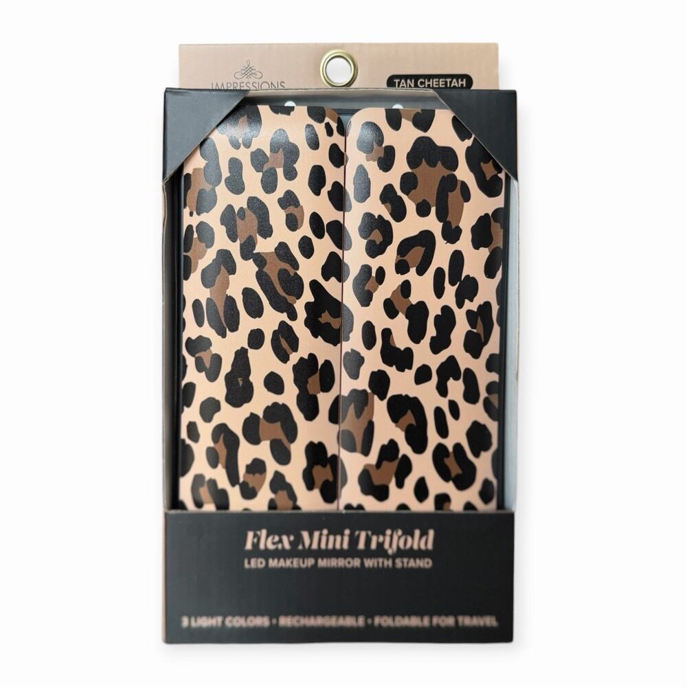 Impressions Vanity Flex Mini Trifold LED Makeup Mirror Travel Stand Tan Cheetah
